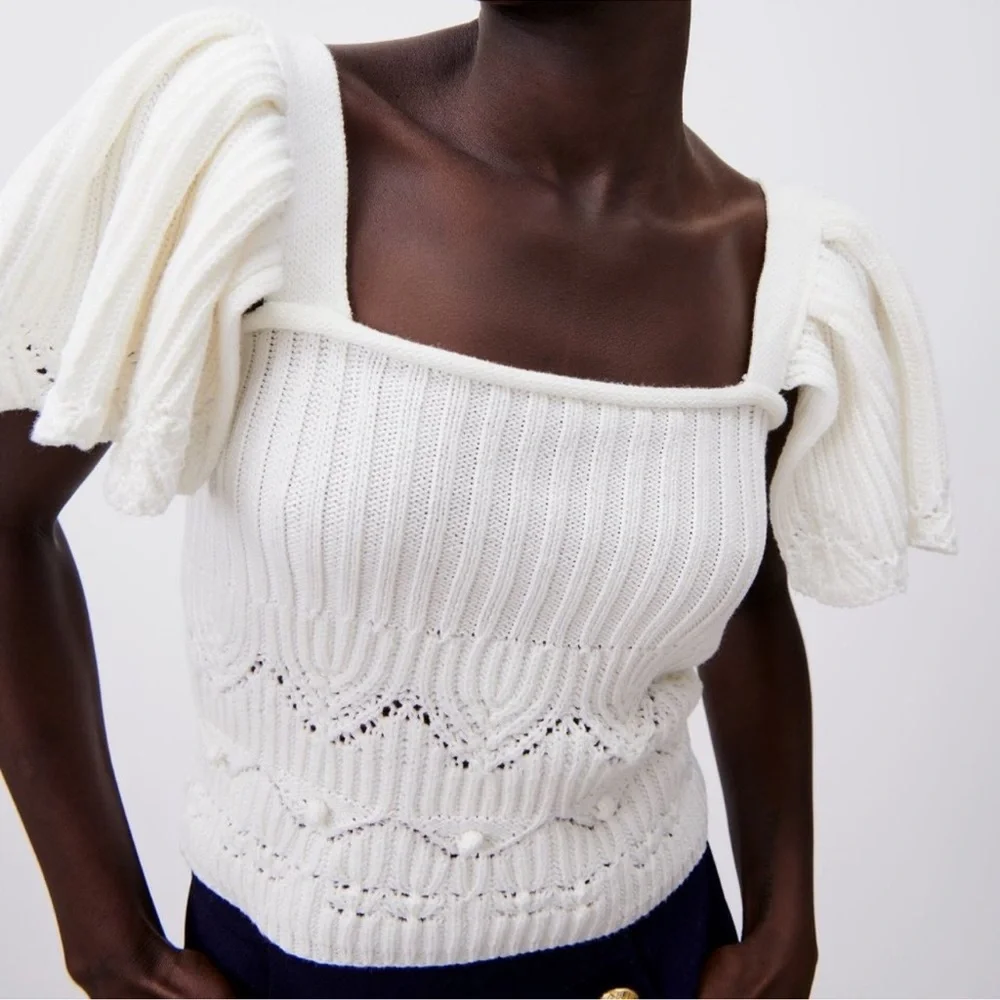 Zara Ruffle Knit Crochet Top White Size Medium - Picture 2 of 8